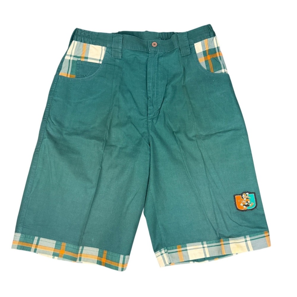 VTG‎ Miami Hurricanes Green Plaid Trim Cotton Shorts Mens Large Sebastian Ibis